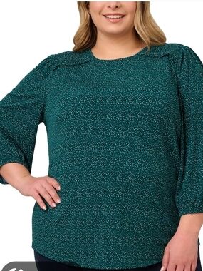 Adrianna Papell Teal Green Speckled Puff-Sleeve Blouse